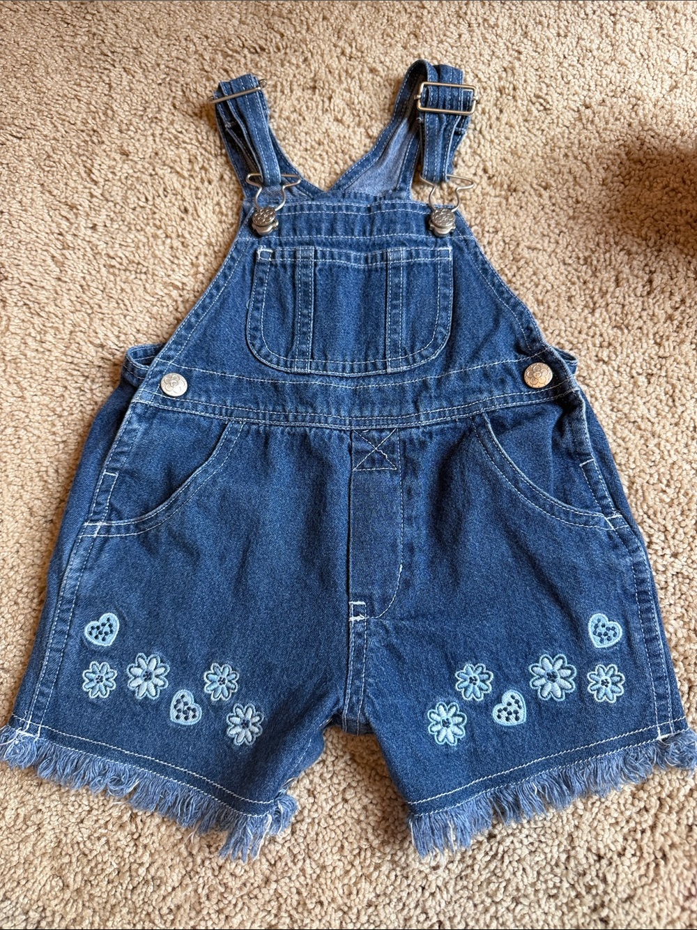 miniwear Blue Denim Short Overalls with Embroidered Light Blue Floral Accents